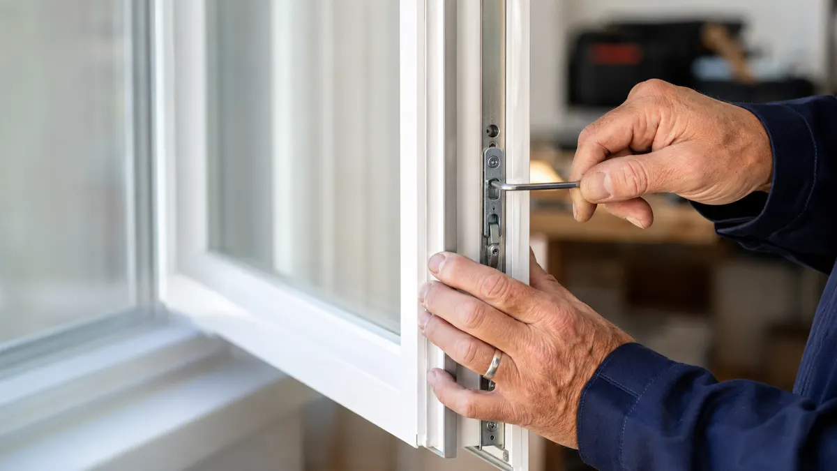 Ein Fenstertechniker stellt mit einem Inbusschlüssel den Beschlag eines Fensterflügels ein