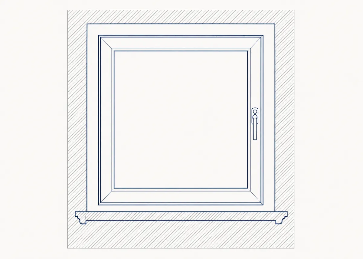 Technische Vorderansicht eines einflügeligen Fensters mit Glasfläche, Flügelrahmen, äußerem Rahmen, Griff und Fensterbank