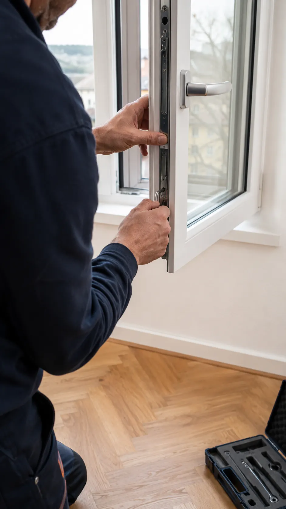 Techniker bei der Wartung eines geöffneten Fensterbeschlags